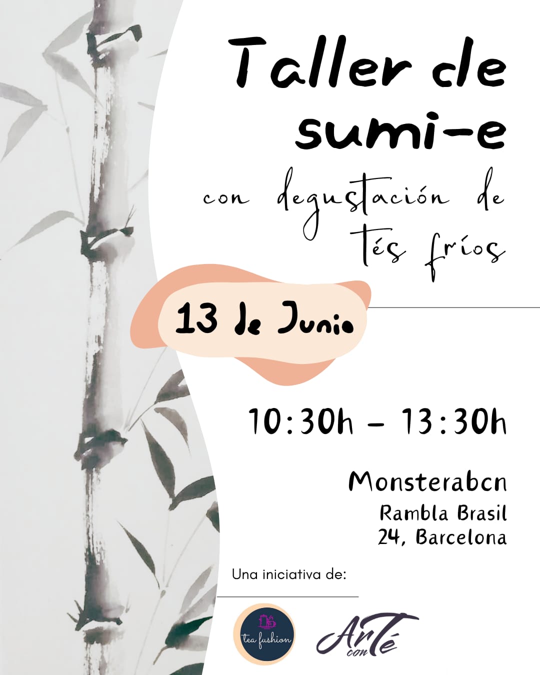 cartel descriptivo taller de sumi-e con degustación de tés fríos 13 de junio a las 10:30 en C/rambla brasil 24